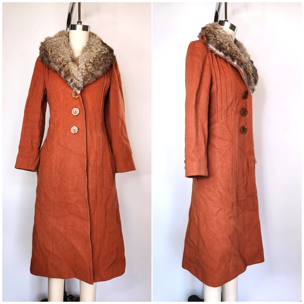 70s Vintage Princess Coat - Wool & Rabbit Fur Collar Coat  Woodland Bohemian XS